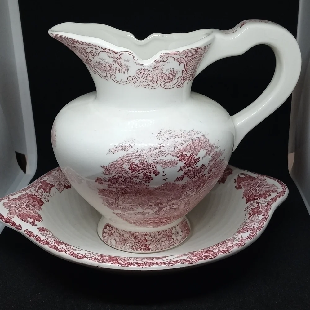 Vintage Art Mark  Arco Red Japan Pastoral Scene Mini Pitcher And Plate